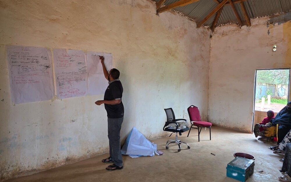 Facilitator leading a training session with flip charts